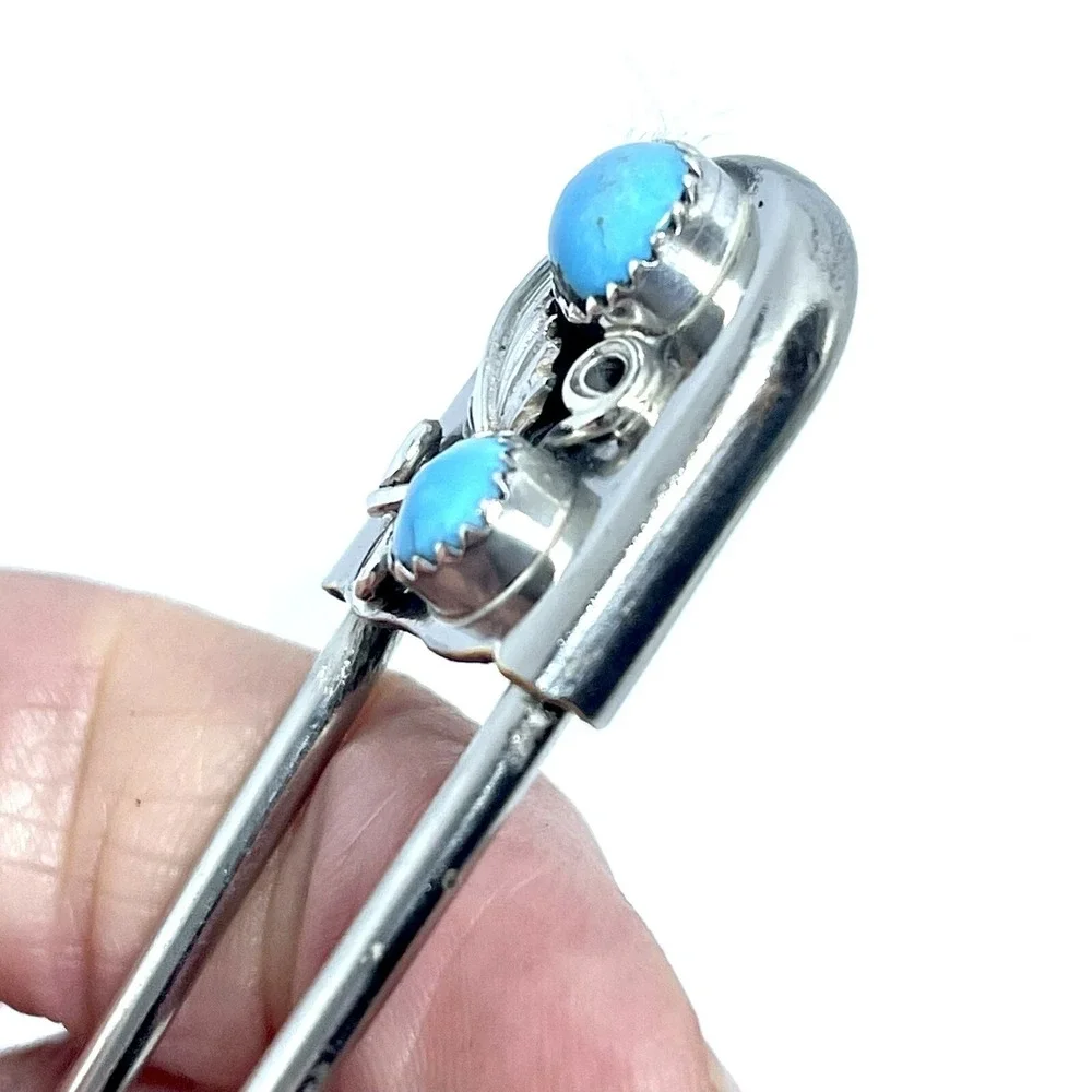 Giant Safety Pin Keyring Turquoise Leaf Key Chain Tag‎ 4in Navajo Mens Gift